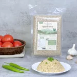 Organic Basmati Brown Rice 2kg package with a bowl of cooked rice